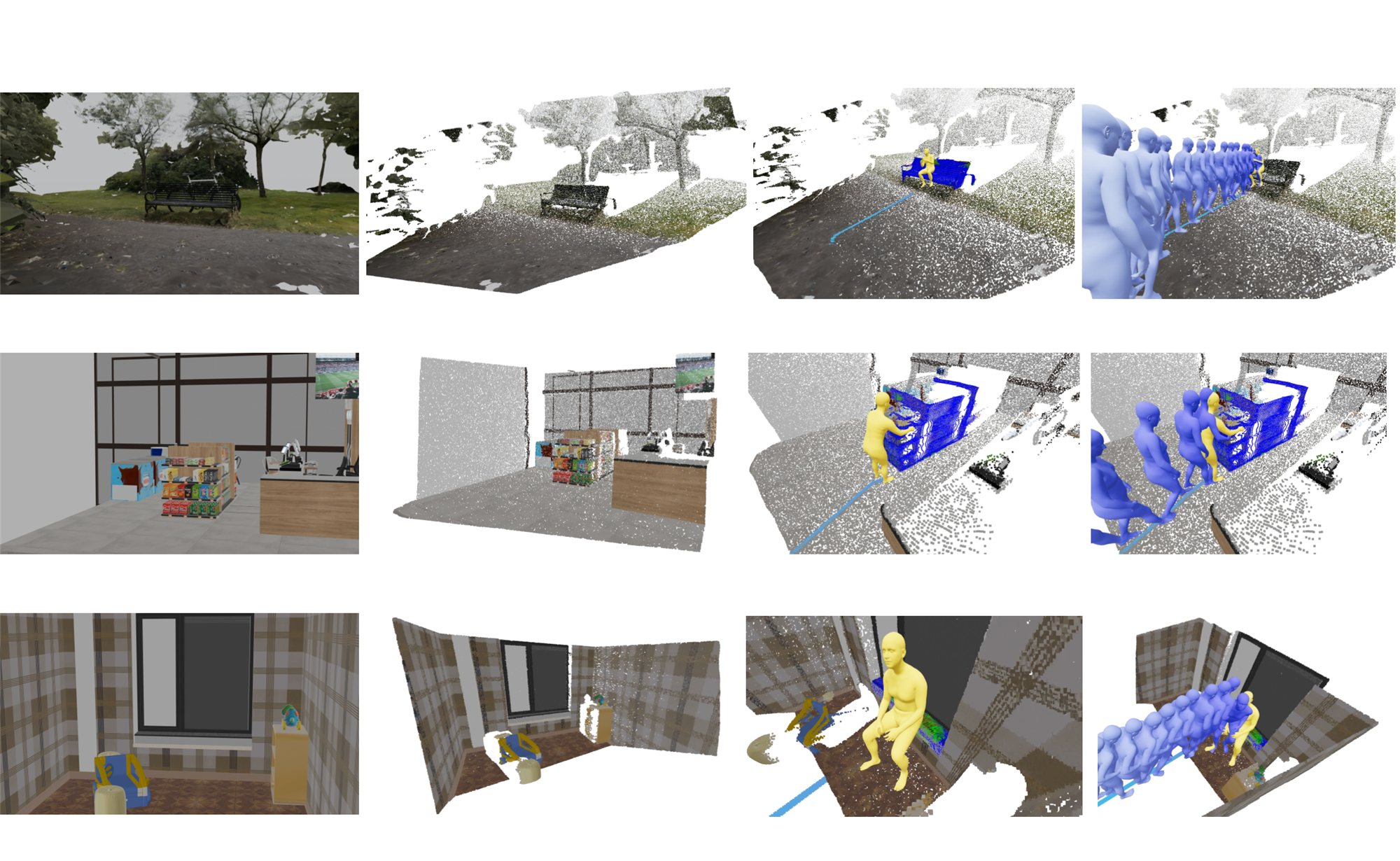 ENACT on AnyInteraction scenes: input, reconstruction, plan, and generated motion.